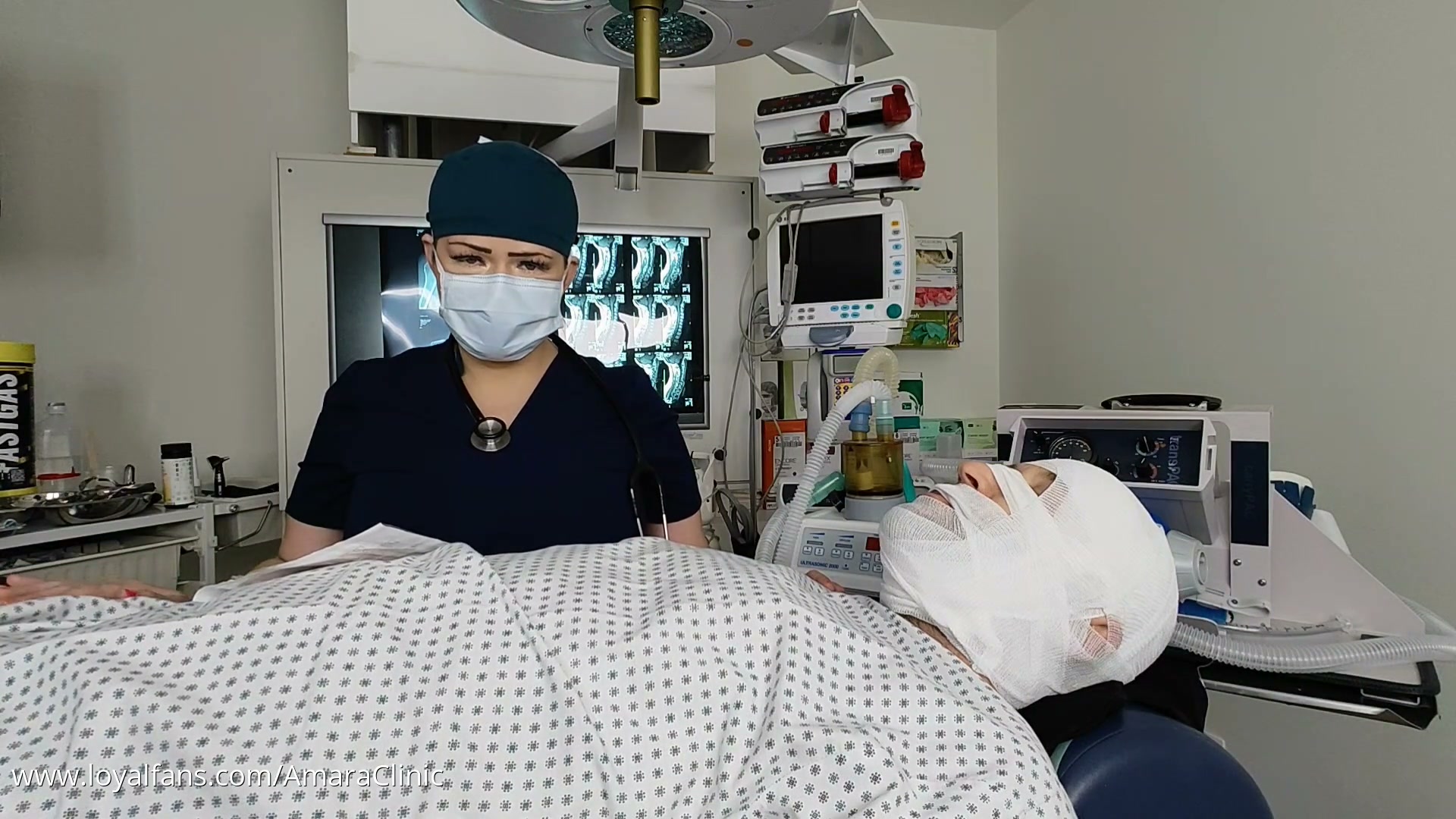Mistress Katharina Amara inducing anesthesia for facial surgery after maxillofacial trauma from a severe car accident in the free induction fetish video from Amara Fetish Clinic Belgium